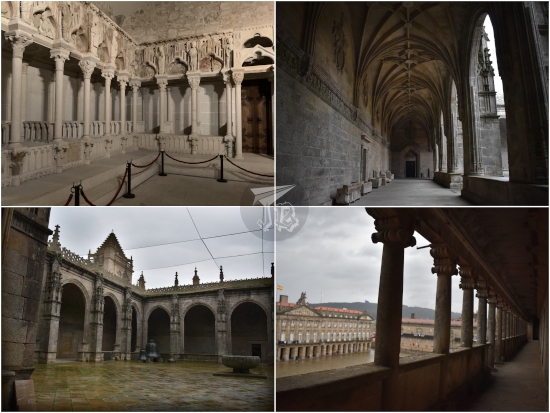 A collage showing the cloister of the cathedral of Santiago while it rains outside, and the former Romanesque choir, carved in stone.