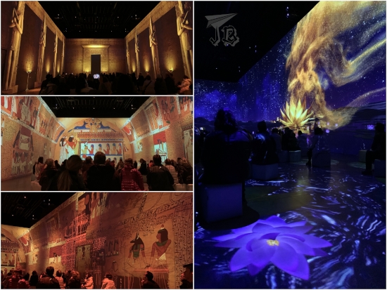 Collage of a 3D projection. Left, from top to bottom, views of Tutankhamun's grave: the outer area, in sandstone with sculptures, and two views of the inner painting an decoration, showing figures and hyeroglyphs. On the right, a projection of lotus flowers blooming and turning into gold, representing the soul of the pharaoh.
