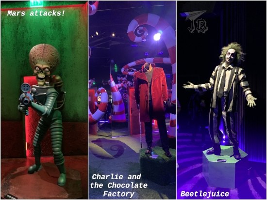 Collage of Tim Burton's characters: Alien from Mars Attack; the clothing from the Chocolatier (I think) in Charlie and the Chocolate factory, surrounded by twirling candy canes; Beetlejuice