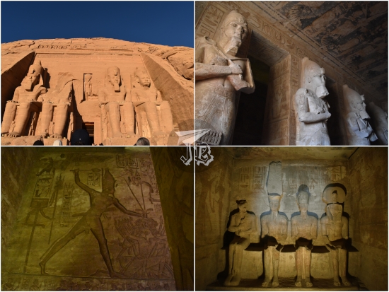 Collage of the Great Temple of Ramesses II: façade with four sitting colossi; inner hall, with colossi against the columns; an carving of Ramesses in a war position; inner sanctuary with the gods and Ramesses sitting, the light hitting their faces.