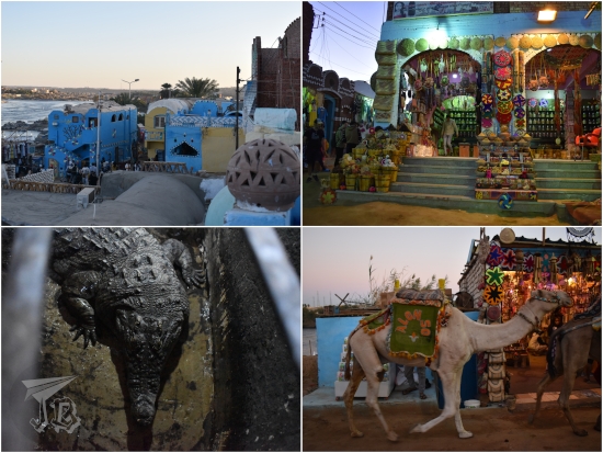 Collage of the Nubian village: a view from a rooftop, showing the houses painted in sand and blue colours; a shop with colourful trinkets, flowers, and statuetes; a Nile crocodile staring up; a dromedary passing by a souvenir shop.