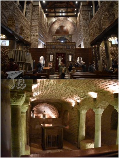 Collage. The upper part shows the Coptic chruch. The walls are made out of red brick, and the altar is hidden by a wooden structure. The lower picture shows a crypt with a small wooden altar, brick ceilings, and white columns