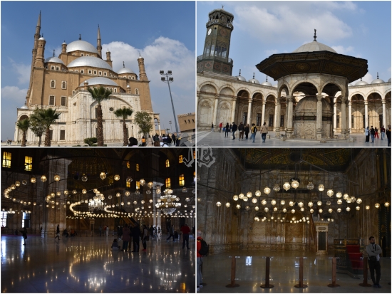Muhammad Ali Mosque collage: from the outside, it has two domes and two minarets. It is built in stone, brick and slate. The inside courtyard is built in white-grey alabaster, with an ablution fountain in the middle and a metal clock tower that feels out of place. The interior of the mosque is also built in alabaster, and the lights reflect on the floor, creating a dizzying effect. Everything inside is carved and decorated with tiny motifs