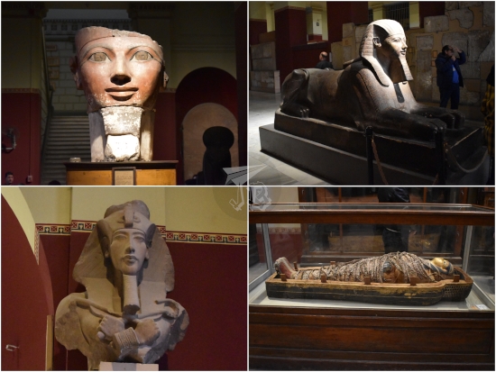 Cairo Museum Collage: Face and Sphynx of Queen Hatshepsut; bust of Akhenaten; mummy