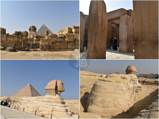 Collage showing the sphinx with the pyramid of Khafre behind it; the megalithic temple through which you access it; then a lateral view of the sphinx and a view from the rump.