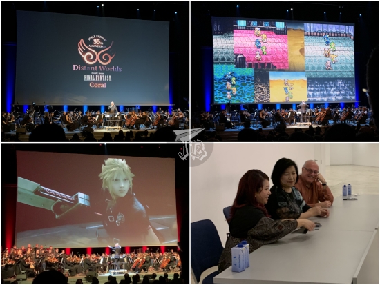 Collage. Three pictures show a classical orchestra with different things projected on the screen behind them - the logo of Distant worlds, several 8-bit screenshots of games, a very realistic depiction of a blond man with a very unrealistic sword. The last picture shows singer RIKKI, composer Yoko Shimomura and conductor Arnie Roth