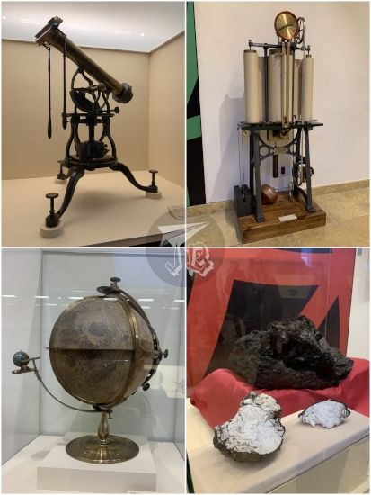 Collage. Ancient telescope, old tide measuring device, an old globe, and lava bombs