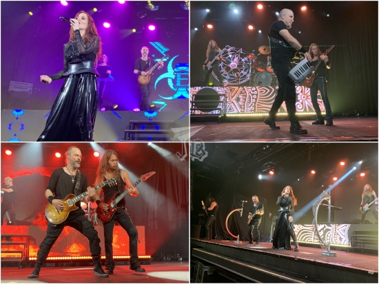 Collage of Epica playing, showing different members at their choice of insturment - singer, bassist, guitarist, and keyboardist with a portable keyboard