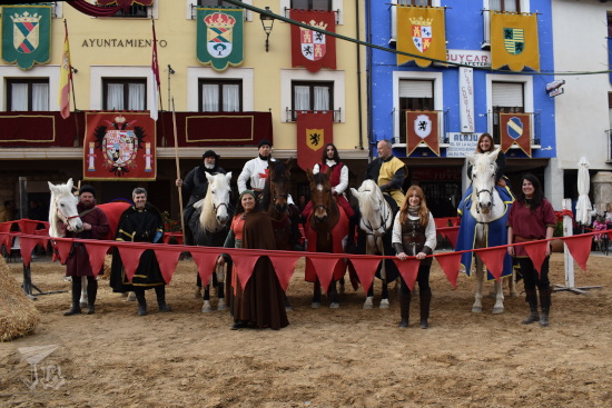 All the horse-riding school performers, in character, both on horses and on foot, pose for the picture. They are all dressed in Medieval clothes and smiling.