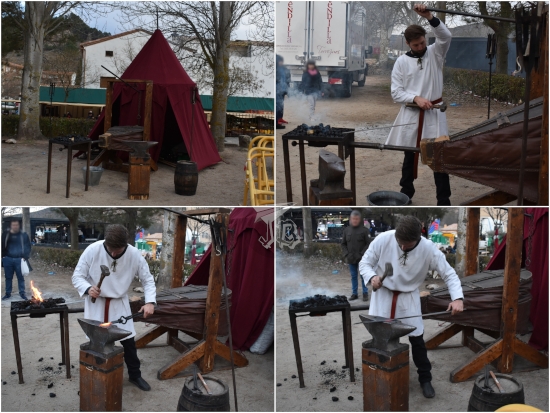 A blacksmith hammering down metal to forge a sword and a guard.