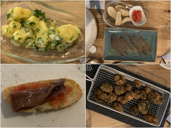 Lunch at DeAtún. Collage with a potato salad, anchovies and battered seafood balls