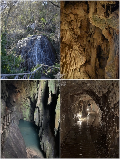 Monasterio de Piedra garden - waterfalls, karstic caves and the underground lake. Everything looks green with the vegetation and reddish with the karst deposits.