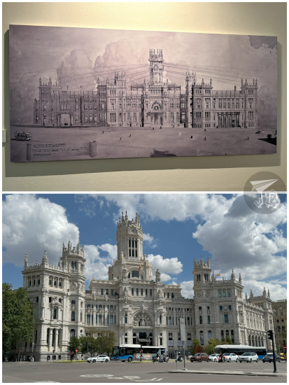 Antonio Palacios exhibit - façade design and photograph of the actual Palacio de Comunicaciones building