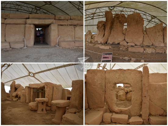 Hagar Quim Neolithic temple: a roundish construction surrounded by a wall made out of limestone. Inside there are chambers and open holes working as doors, along a thriliton as main gate.