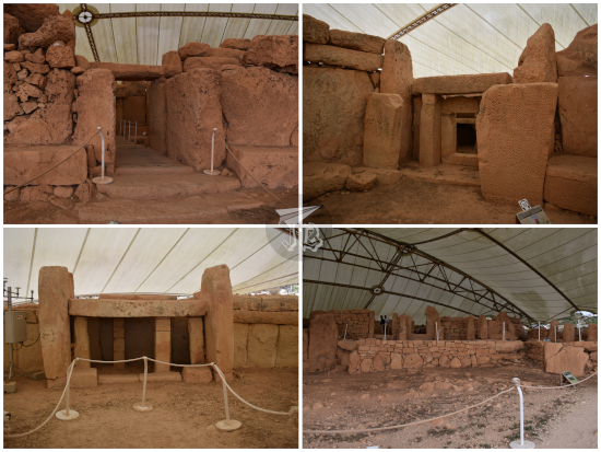 Mnajdra Neolithic temple: a reddish limestonestructure with trilitons and low walls made out of brick-like structures