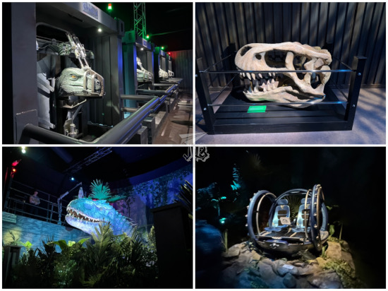 Jurassic World The Exhibition. Gate with a Brachiosaurus peering above: Collage showing the velociraptors, a carnivorous dinosaurs skull, the Indominus rex and a Gyrosphere