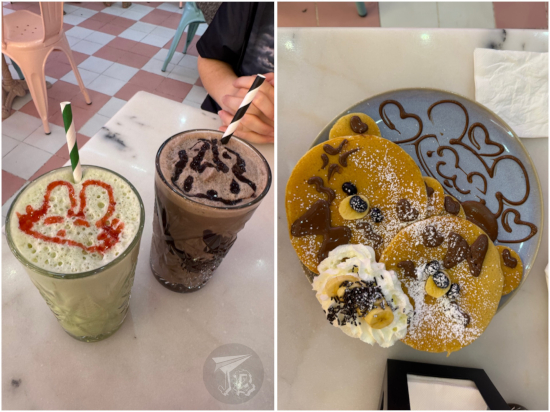 Two drinks with cute rabbits drawn on top, and pancakes decorated to look like teddy bears