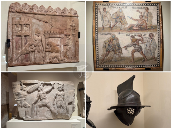 Exhibits in the Gladiator show: reliefs and a mosaic showing men fighting, and a helmet.