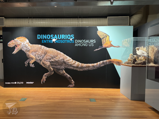 Dinosaurs among us sign, showing a feathered T-rex