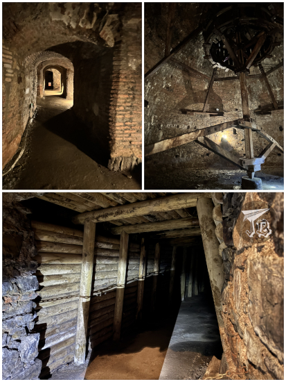 Inside the Almadén mine - corridors sustained either by brick (newer) or wood (older).