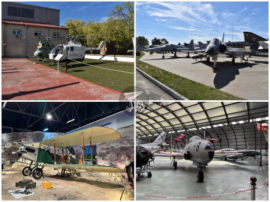 Several aircraft at the Cuatro Vientos - helicopters and military planes, along with a historical biplane.