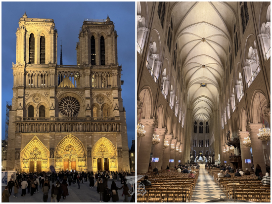 Notre Dame cathedral, outside and inside, at dusk.