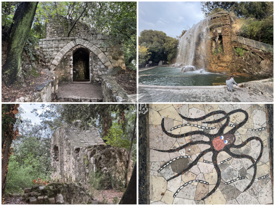 Collage of the Chateau de Nice: ruins, a waterfall and an octopus-shaped collage.