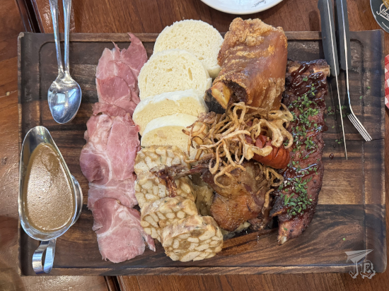 Plate of meats and dumplins for two. Way too much food.