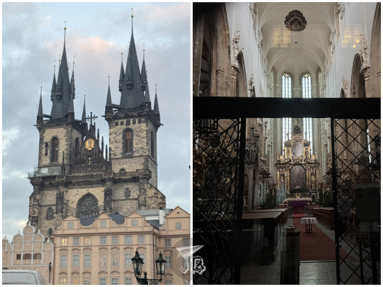Our Lady Before Tyn, inside and outside. It is a two-towered church with spikey twers and a white interior with a baroque altarpiece.