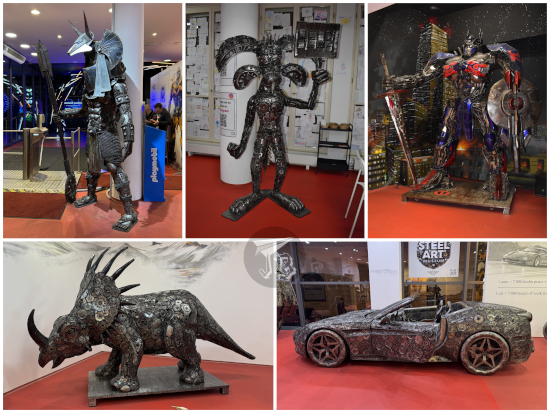 Steel Art Museum Prague: Stargate Anubis Warrior, Willy Coyote with a help sign, Transformer Optimus Prime, a quadruped dinosaur with a big frill, and a sportscar.