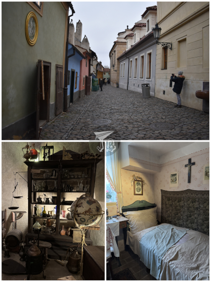 Golden Alley and reconstructed dwellings: a bedroom and the alchemist's office.