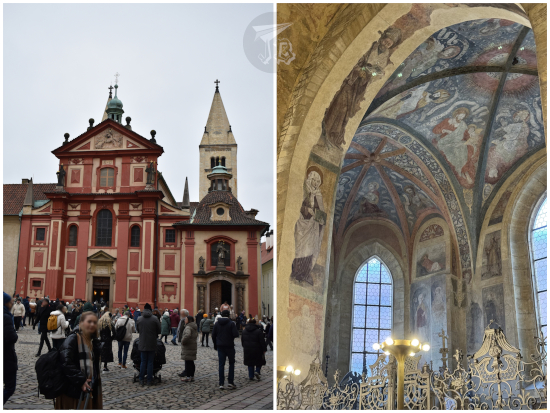 Baroque exterior of the church of St George and Romanesque frescoes inside.