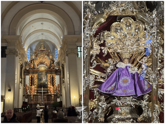 Baoque interior of Our Lady Victorious and the Child Jesus sculpture.