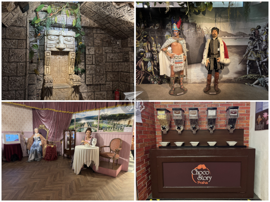 Choco Story Prague scenes related to chocolate history - from the Mayans to the Victorian to the present day, with the tasting station.