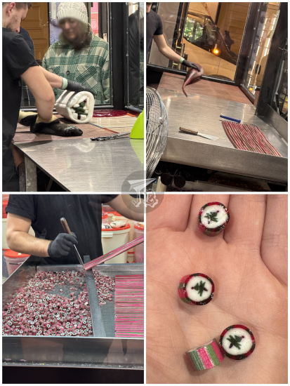 Candy-making show. The sweets have little Christmas trees inside.