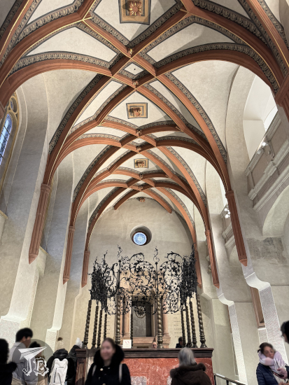 Interior of the Gothic Pinkas Synagogue, with the names of the victims of Holocaust written on the walls.