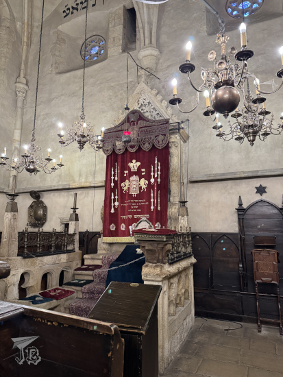 Interior of the Old New Synagogue, Prague, showing the curtain that covers the sacred texts.