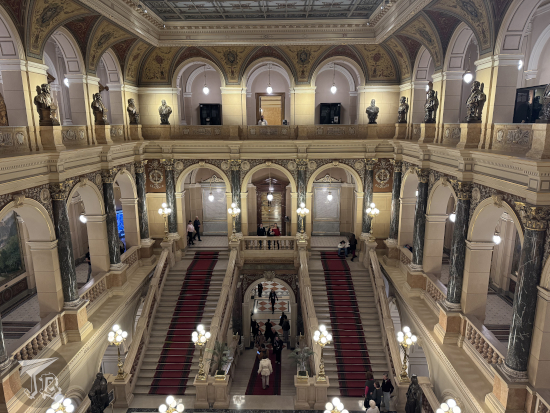 Prague National Museum building, huge constructiond ecorated with gold, white and marble.