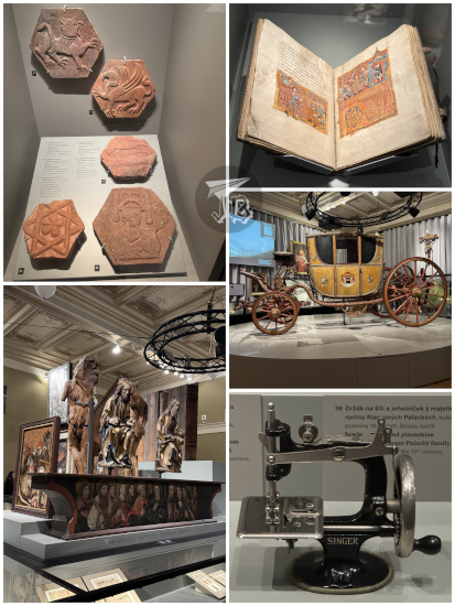 Prague National Museum Historical displays: old town clay tiles, Medieval book, religious sculptures, carriage and toy sewing machine.
