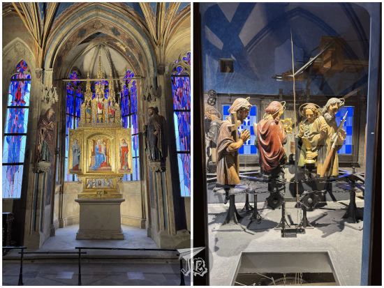 Prague town hall: reconstructed chapel and apostles inside the clock mechanism.