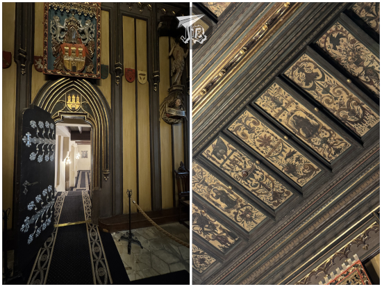 Gothic Justice room in the Prague town hall, with wooden decoration and ceiling.