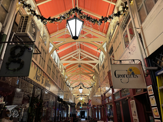 Covered market, a wooden structure.