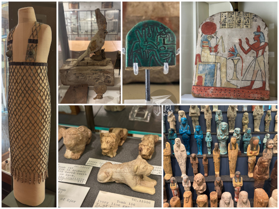 Exhibits at Petri Museum - Egyptian archaeological artefacts: a dress, animal and human statuettes, painted tiles.