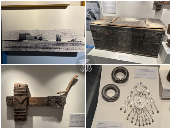 Numibian archaeological artefacts (a chest, a hammer, bracelets and necklaces), and a b/w photograph of a small temple next to the Nile