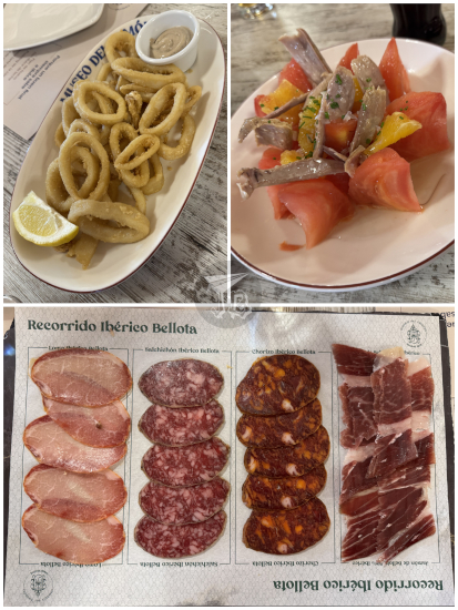 Lunch - breaded squid, salad, sausages and ham