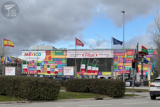 Fitur entrance, decorated with Mexican flags