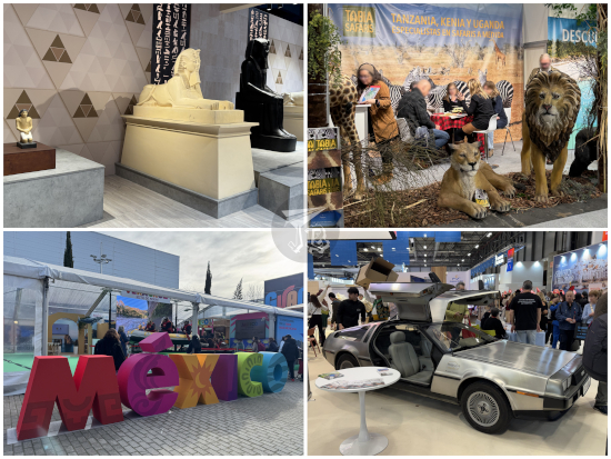 Collage - Egyptian archaeological artefacts (replicas), lion sculptures in front of a safari stand, Mexico written in bold colours, and a Delorean car