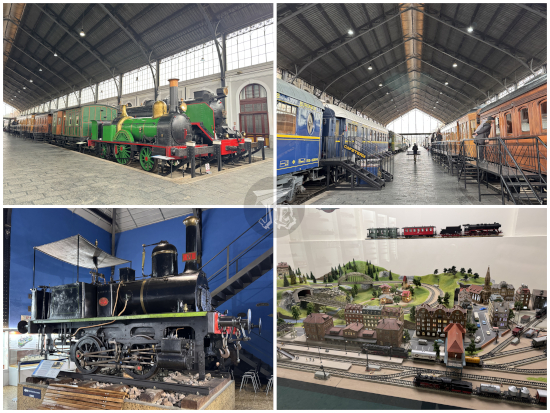 Collage of the train museum, showing old trains and models