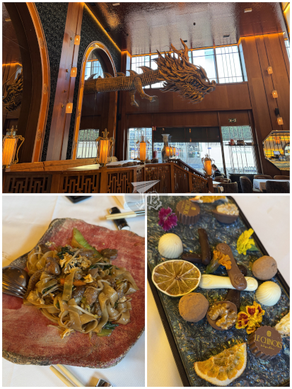 Chinese food at a restaurant with a giant wooden dragon decorating the ceiling