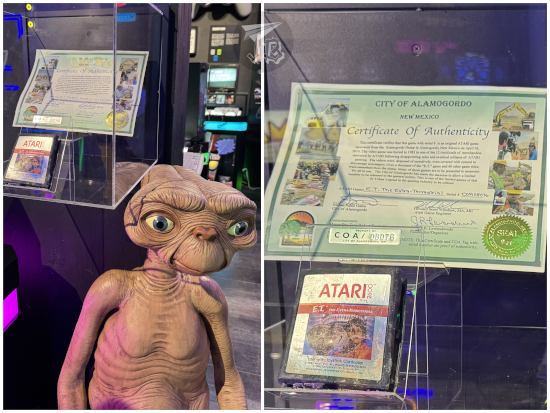 An Atari video game cartridge and a figure of ET, along a certificate of authenticity